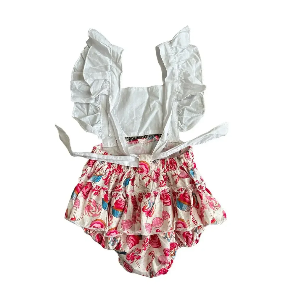 Canrulo Babies 12M Flying Sleeve Lemon Cartoon Cake Print Backless Pink Romper